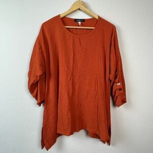 Yushi Crinkle Tunic Women XL Oversized Burnt Orange Boho Lagenlook Top Resort